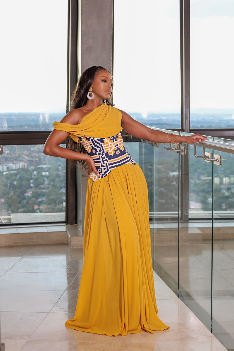 african formal wear dresses Tshwane Union Print Mustard Draped Gown (Pre-order) – houseoffabrosanz Purple